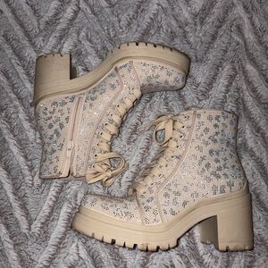 Gianni Bini Sparkling Beige Lace Up Boots